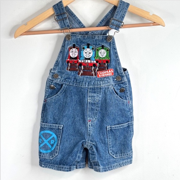 VTG 90s Thomas the Tank Train Engine Denim Overalls Embroidered 12M Blue Jean - Picture 9 of 9
